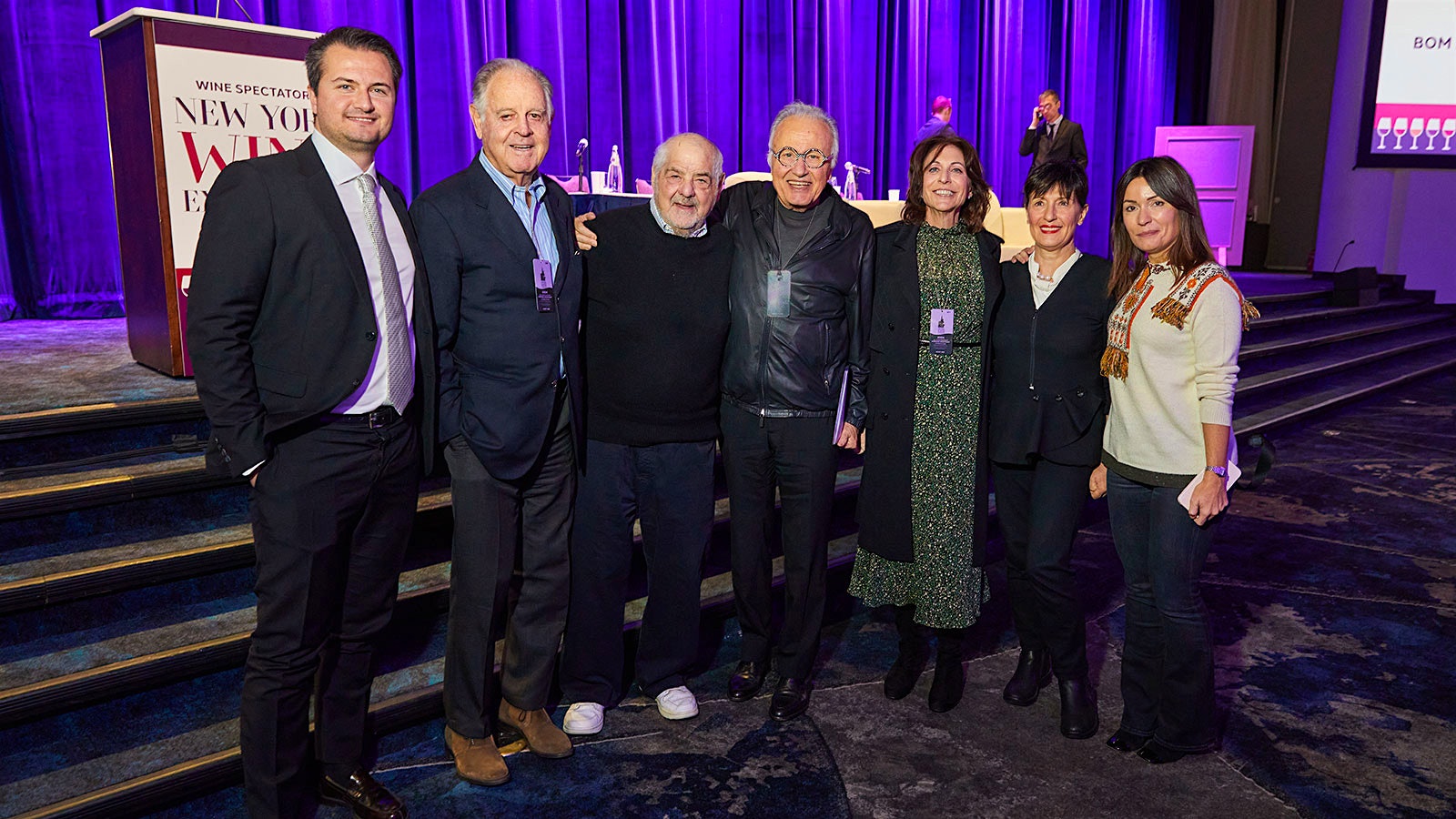Portrait of, from left, Giovanni Gaja, Italian vintner Piero Antinori, Angelo Gaja, Wine Spectator editor and publisher Marvin R. Shanken, Hazel Shanken, Lucia Gaja and Rossana Gaja in front of the Wine Experience stage